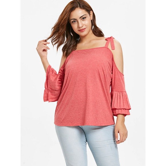 Plus Size Cold Shoulder Flounce Tee - Bean Red - Picture 2 of 8